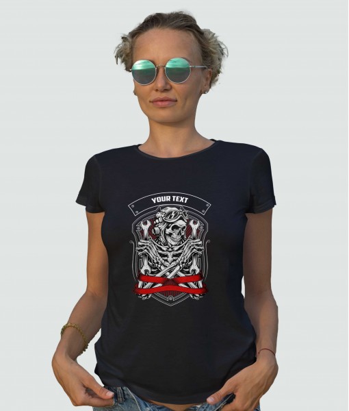 Дамска тениска с щампа Готика Череп Механик със собствен текст - TShirtArtShop.com